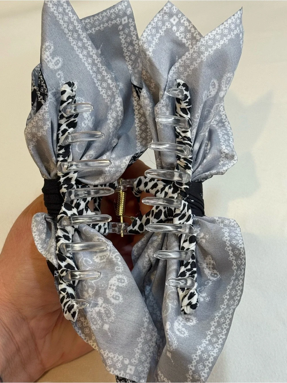 Black White Bandana Paisley Fabric Bow Claw Clip Hair Accessory Boho Y2K NWOT